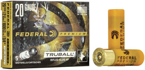 Federal 20 Gauge Ammunition, 5 rounds per box, features 3/4 oz slugs for smoothbore shotguns. Two yellow slugs are displayed next to the box, designed for consistent group performance. Brand: Federal.