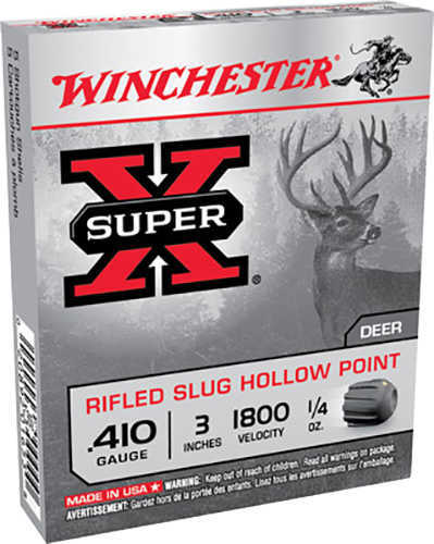 A box of Winchester Super X 410 Gauge 3 1/4oz rifled slug shot ammo (5 per box) features the gray Winchester packaging with red and black text and a deer illustration.