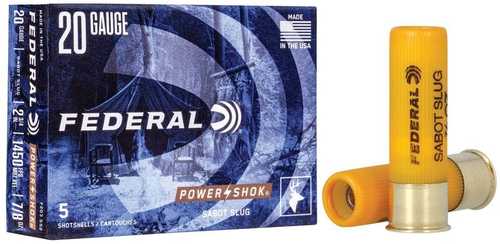 A box of Federal 20 Gauge 5 Rounds Ammunition with 3/4 7/8 oz Sabot Slugs is shown next to two yellow slugs. The Federal packaging showcases outdoor imagery and product info.