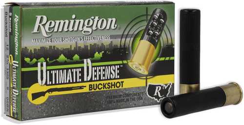 Box of Remington 410 Gauge 15 Rounds 3in 000 Buck Shot Ammo by Remington, featuring two black and gold shells in front. The green and yellow packaging highlights defense features, making it ideal for home protection.