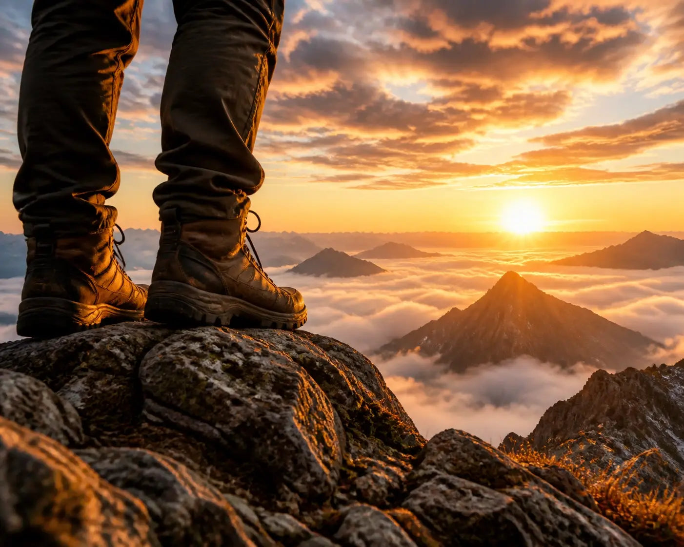Hiking boots at a mountain peak overlooking clouds, symbolizing a faith-filled outdoor journey.