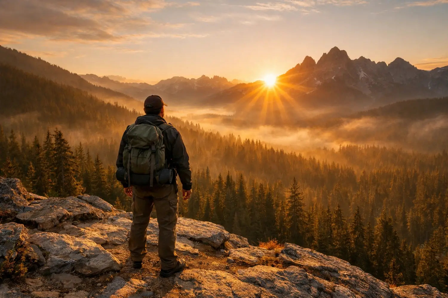 Hiker standing on a mountain overlook at dawn, representing a faith-based connection to the outdoors.