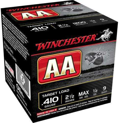 A box of Winchester 410 Gauge 25 Rounds Ammunition, 1/2 oz lead #9—ideal for target shooting. The black box displays Winchester in red and white text alongside clay target graphics.