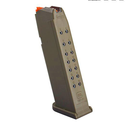 Glock Handgun Magazines Glock Gen5 Factory Magazine G17 G17L G19 G19X G26 G34 9mm Luger - Flat Dark Earth 17/rd (Pkg)