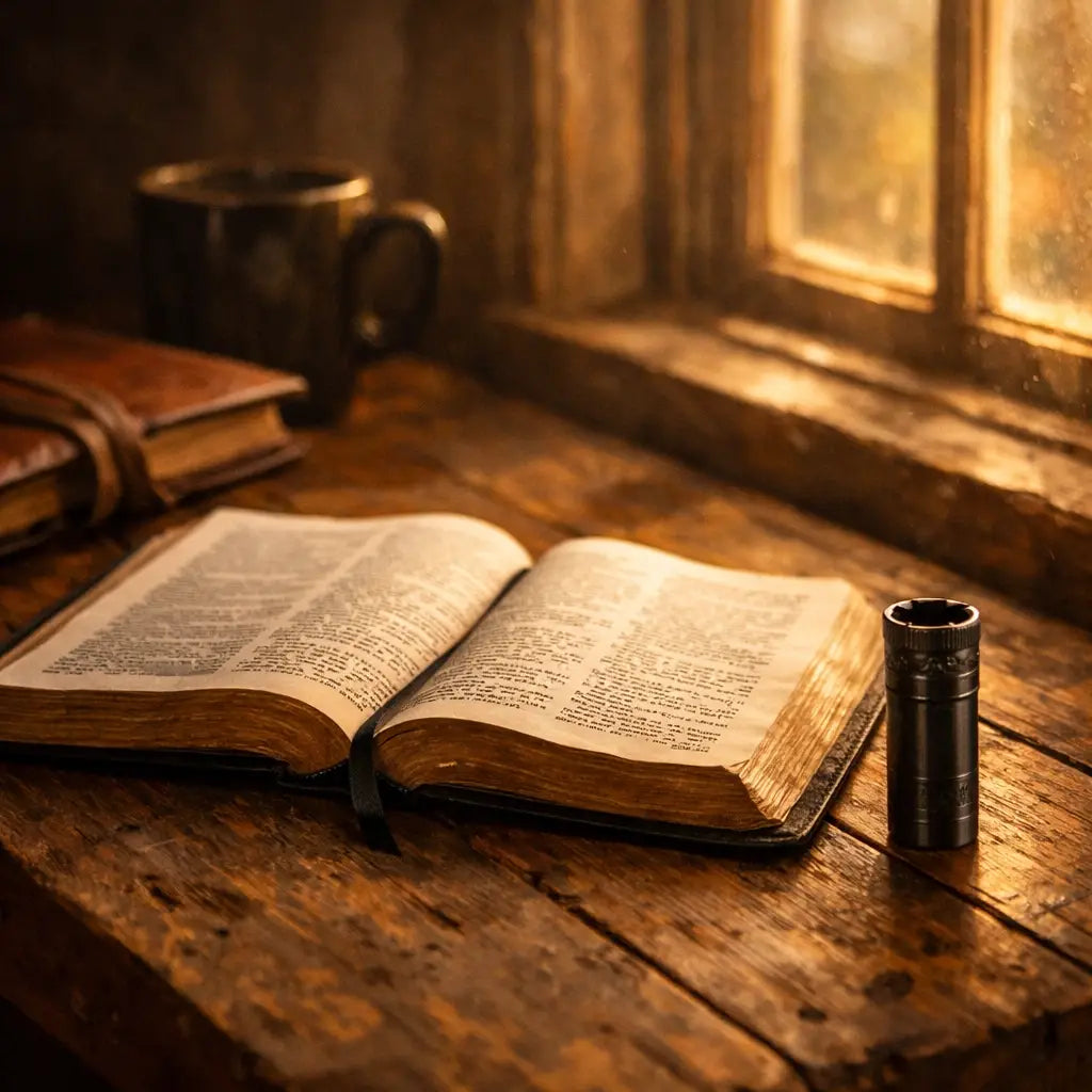 Open Bible with choke tube symbolizing spiritual focus and faith