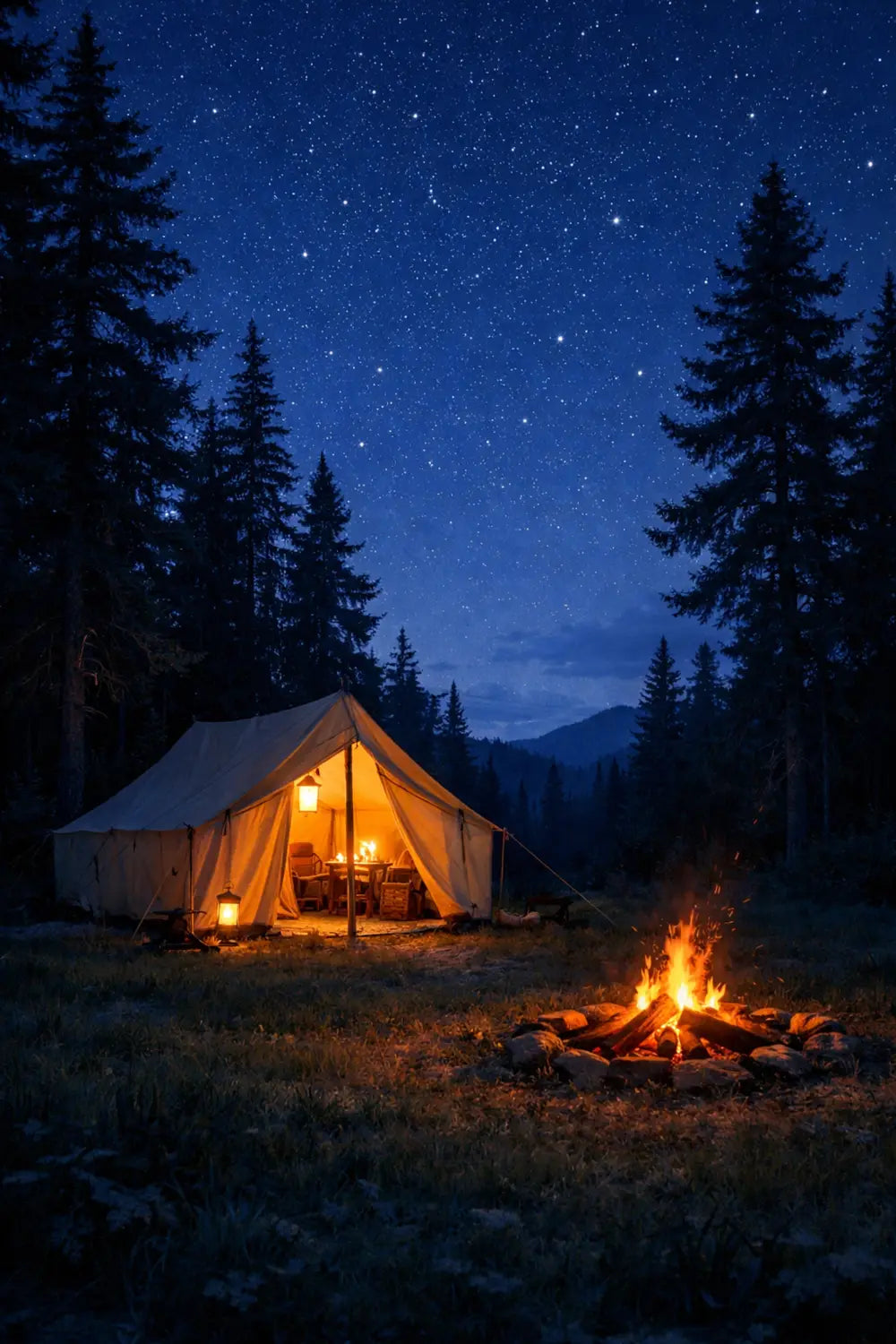 A canvas wall tent and glowing campfire in a pine forest clearing under a starry twilight sky.