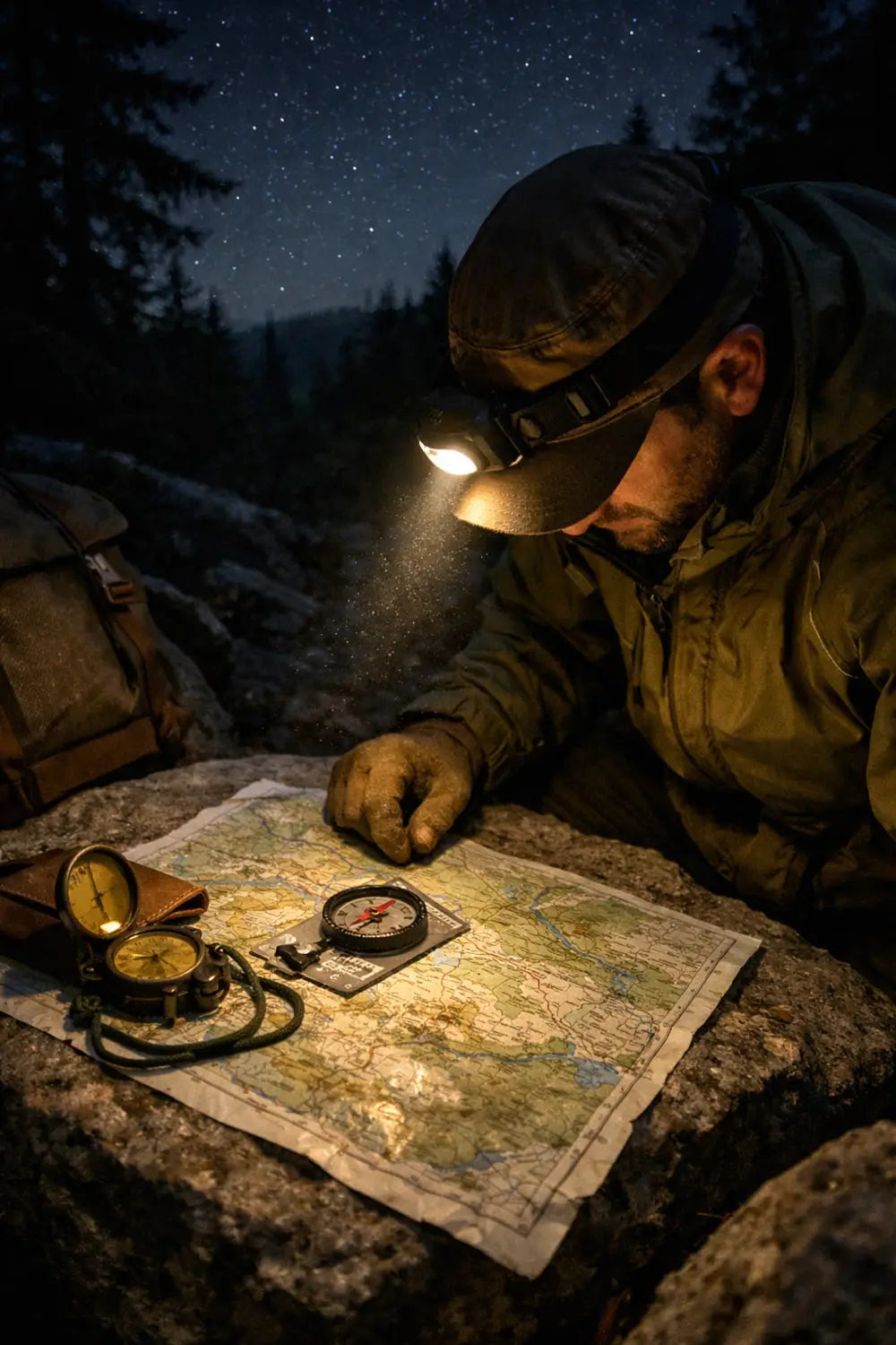 Hiker using a headlamp to read a trail map and compass at night, illustrating outdoor navigation safety.