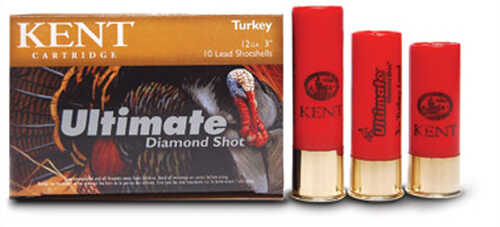 A Kent Cartridges Ultimate Turkey 12 Gauge 3 Inch 2 Oz Diamond Shot Load box with a turkey image sits next to three upright red shells marked as Ultimate Turkey Loads.