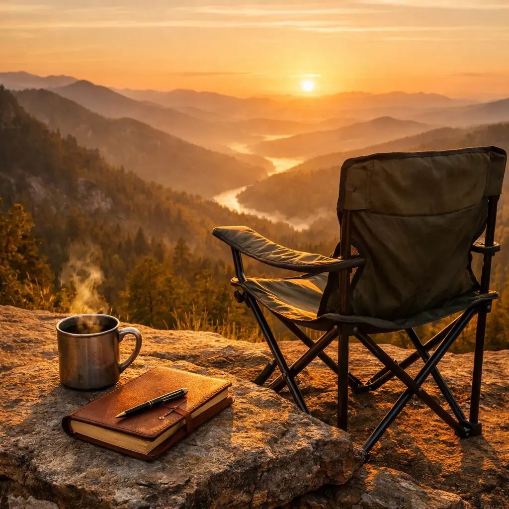 A peaceful mountain overlook sit spot with a journal and coffee for spiritual reflection.