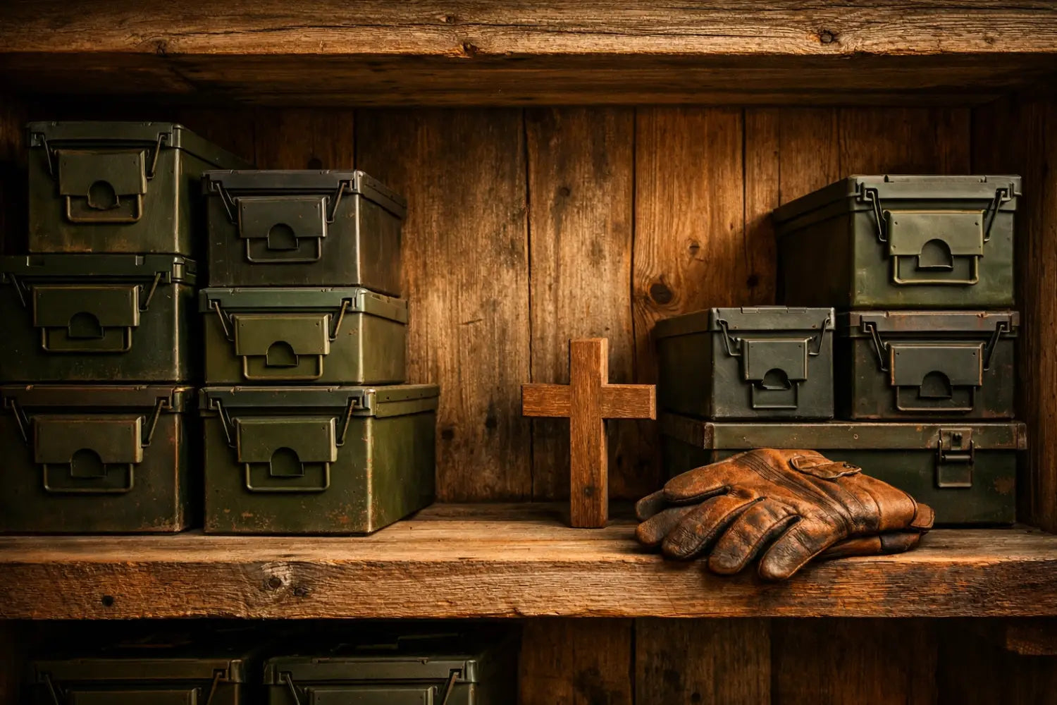 Stacked metal ammo cans and hunting gear on a shelf for an organized ammunition stockpile.