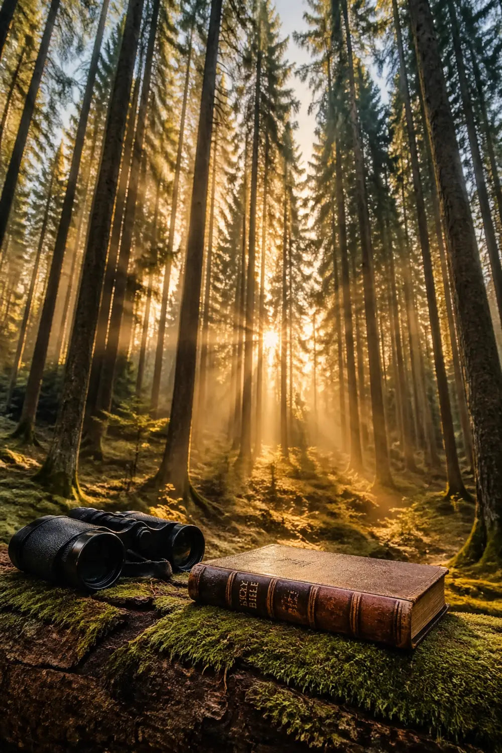 A Bible and binoculars on a mossy log in a sunlit pine forest at dawn, symbolizing faith in nature.