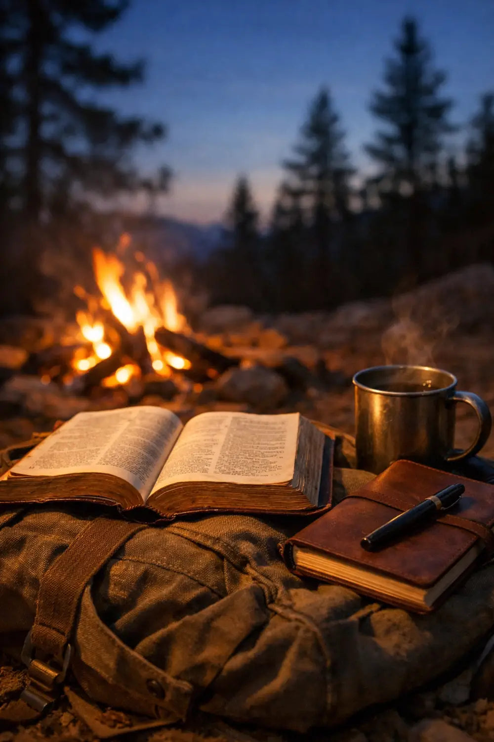 Open Bible and leather journal on a backpack by a glowing campfire for morning devotion and quiet time.