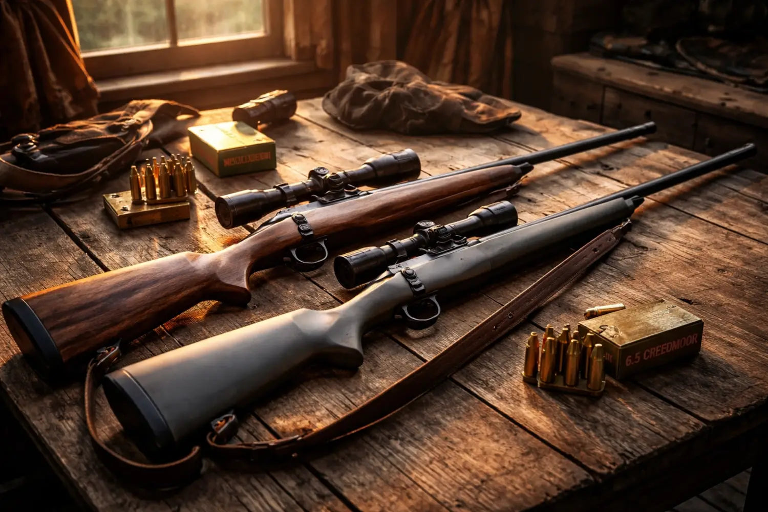 Two hunting rifles, a .308 Winchester and 6.5 Creedmoor, displayed on a wooden table with ammo and hunting gear, perfect for hunters comparing calibers.