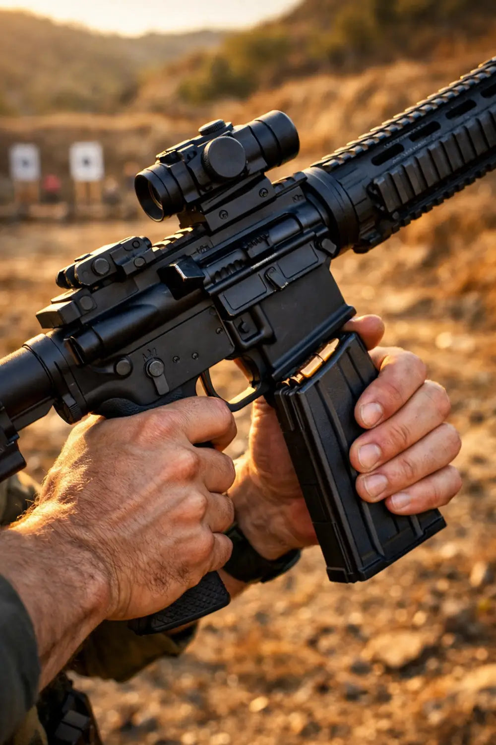 Shooter properly inserting loaded magazine into AR-15 rifle at outdoor range