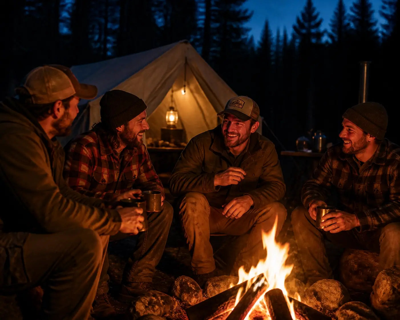 Christian outdoor enthusiasts sharing fellowship and stories around a campfire in the wilderness.