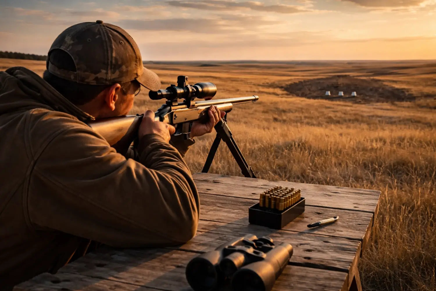 Hunter aiming a bolt-action rifle at an outdoor shooting range at golden hour, illustrating precision and recoil benefits in hunting practice.