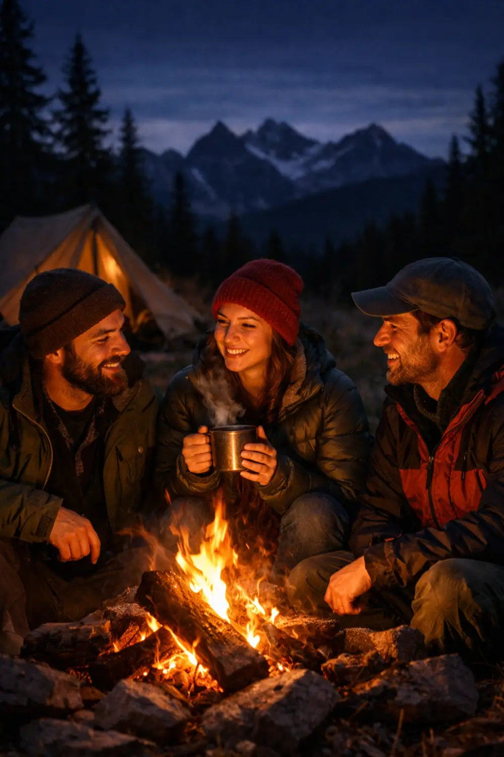 A group of friends sharing campfire fellowship in the wilderness under a twilight sky.