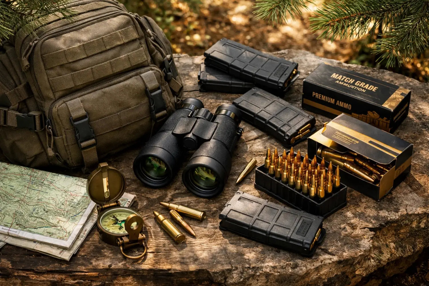 Outdoor trekking gear and tactical accessories including rifle magazines and ammunition on a forest rock.