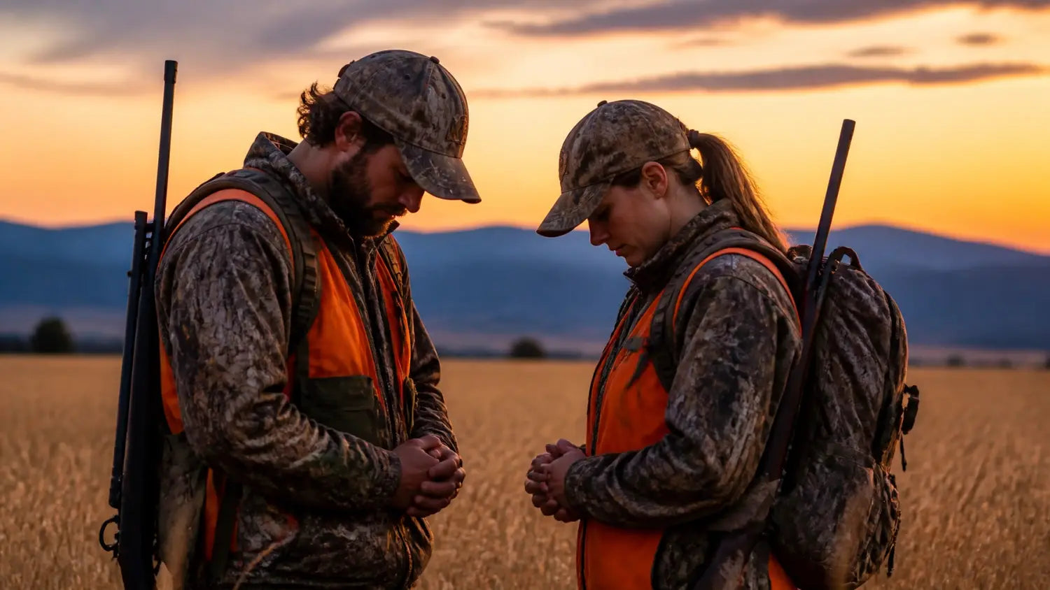 Two hunters praying in a golden field, illustrating the community and spiritual foundation of Faith & Freedom Outdoors.