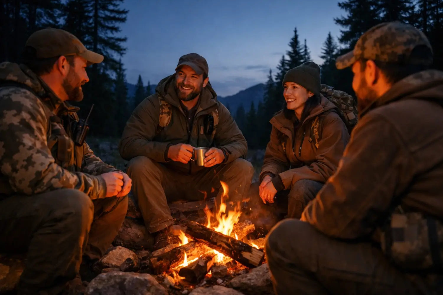 Outdoor community gathering around a campfire at twilight to share a journey of faith and adventure.