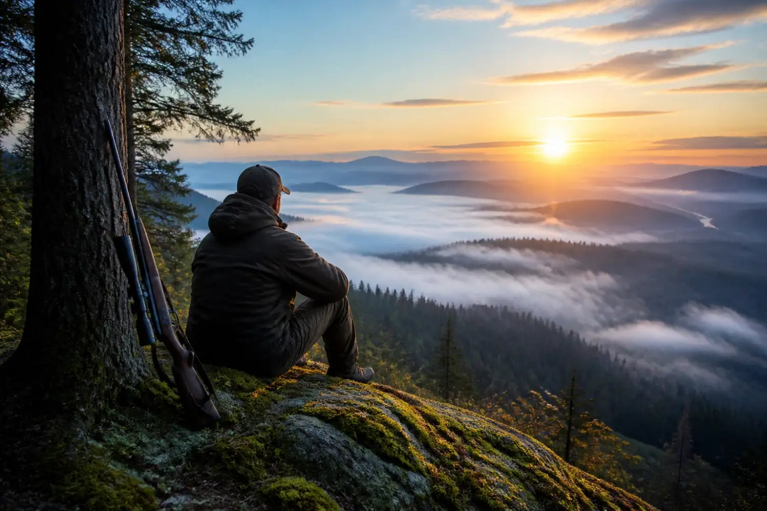 Faith-fueled outdoorsman reflecting in silence on a mountain ridge during a misty sunrise.