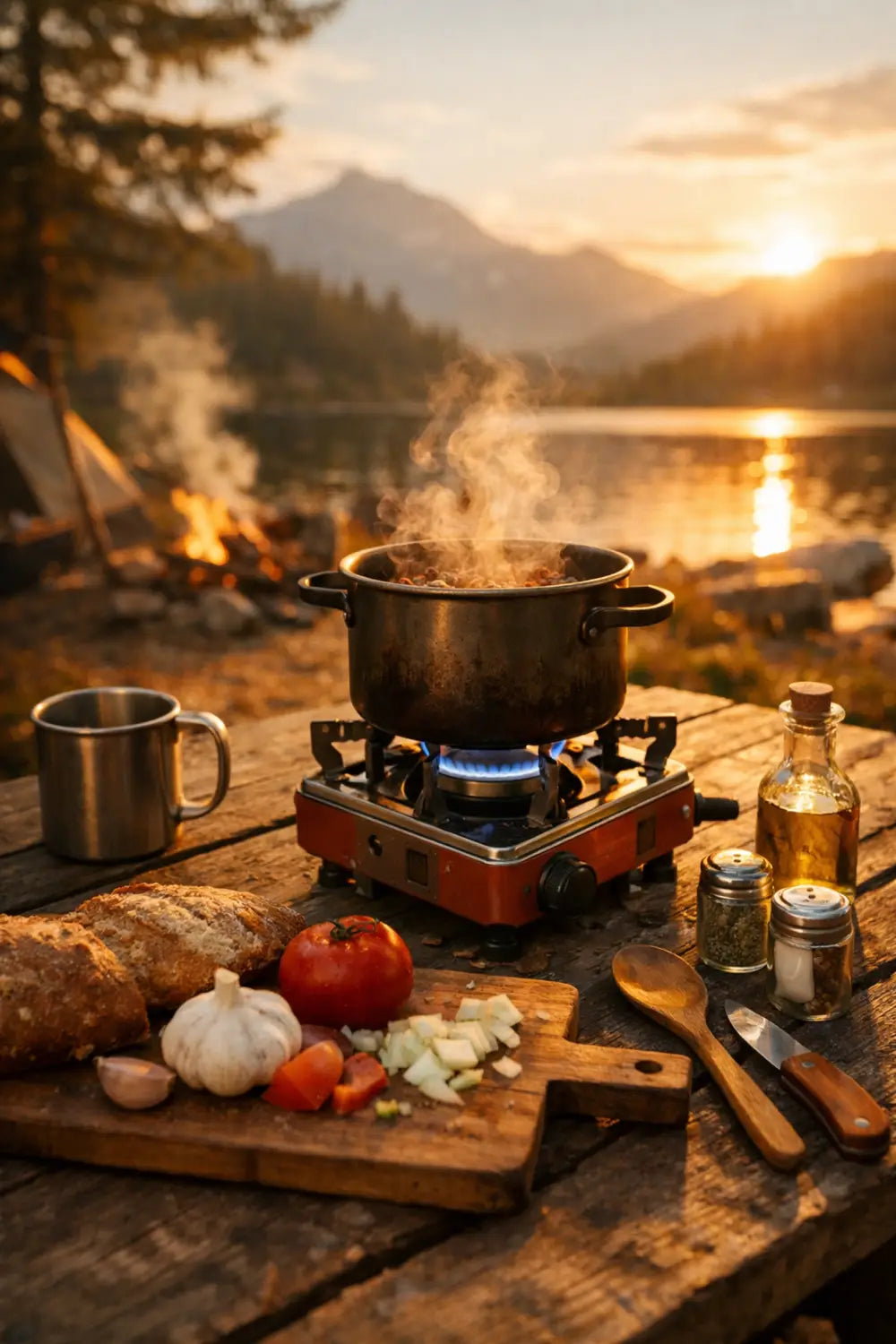 Portable camping stove cooking hot meal at campsite during sunset