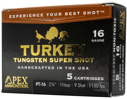 Apex Gear Apex Turkey TSS Shotgun Ammo 16 Gauge 2-3/4 in., 1-5/8 oz #9 tungsten shot, 5-round box (model PT16-9), features brown and black packaging with yellow text and game bird silhouettes for a premium look.