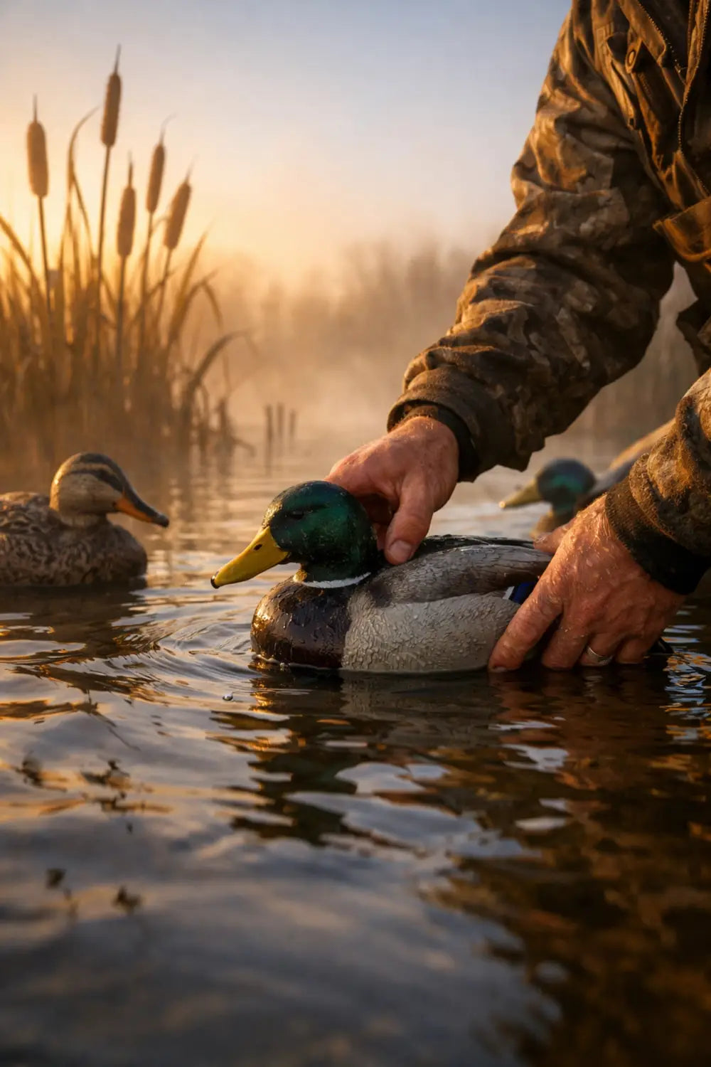Hunter arranging duck decoys in marsh water at dawn for waterfowl hunting