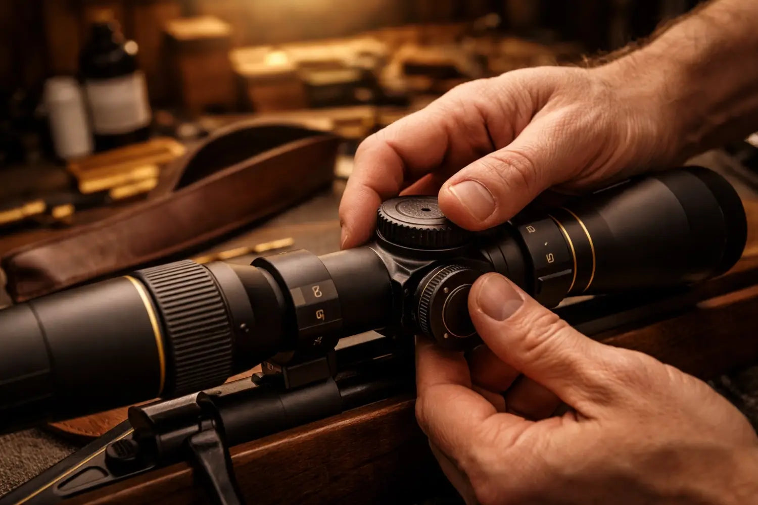 Close-up adjusting rifle scope magnification, symbolizing careful gear selection and scope craftsmanship