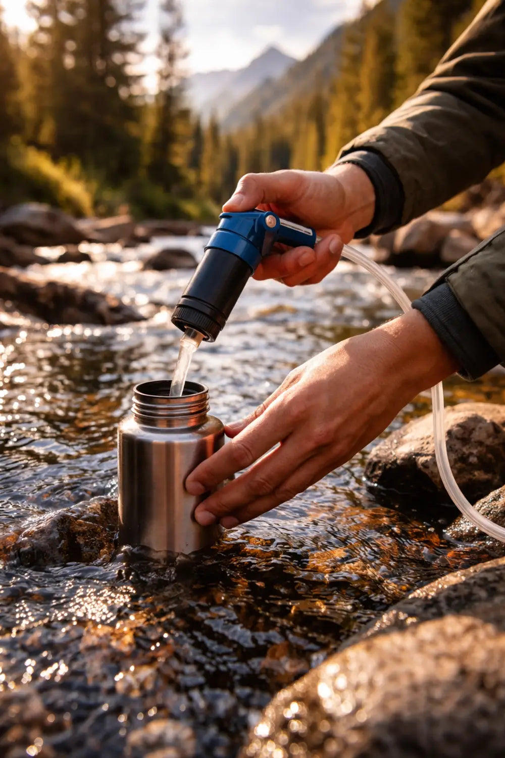Hands using a water filter in a clear mountain stream, ensuring safe hydration while camping outdoors