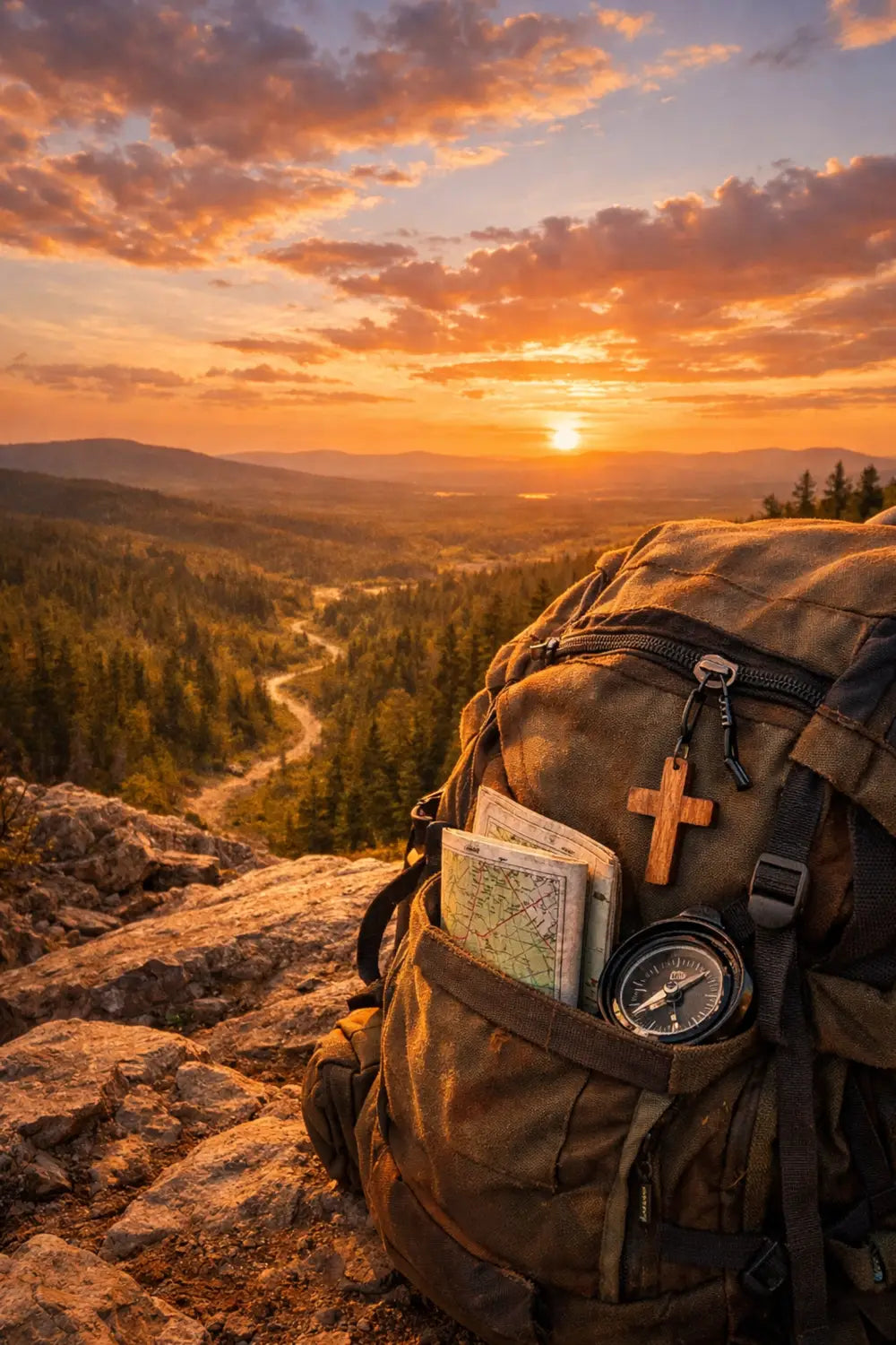 Backpack with a wooden cross on a mountain overlook at sunset, ready for a faith-filled wilderness trip.