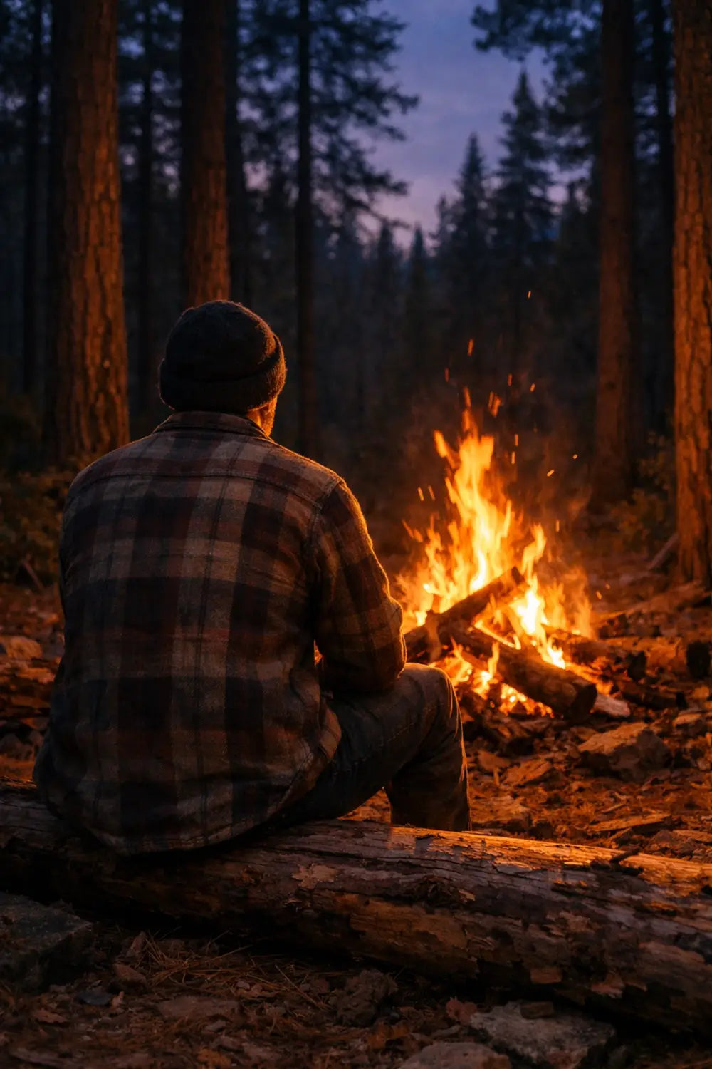 A lone camper by a crackling fire in a dense forest, finding peace and connection to God in nature.