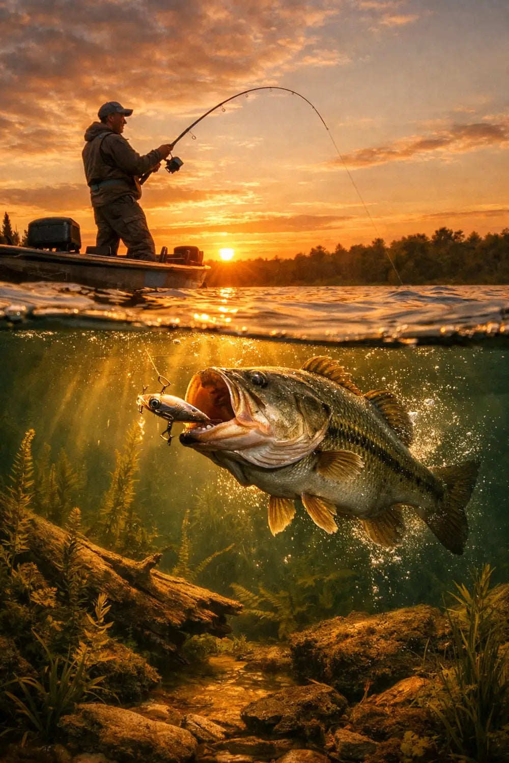 Split view of angler hooking bass above and below the waterline at sunset