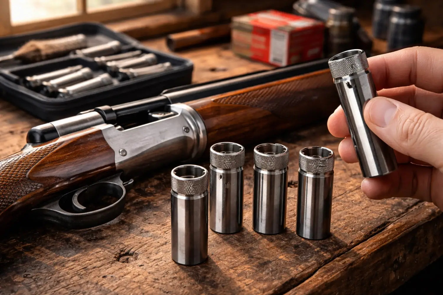Shotgun and interchangeable choke tubes on workbench, demonstrating proper choke selection for hunting
