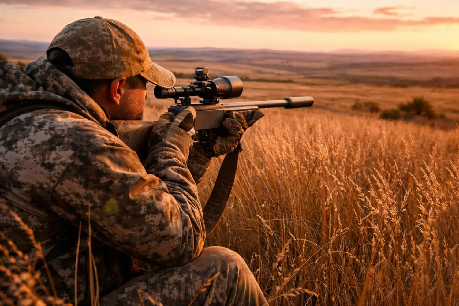 Hunter using an MPVO scope in tall grass at sunrise, highlighting long-range accuracy in open terrain