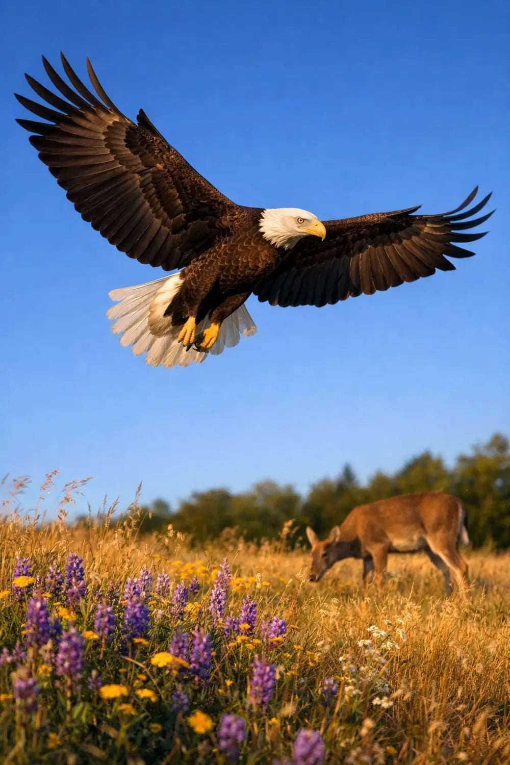 Eagle soaring over meadow with deer illustrating God's provision in the wild