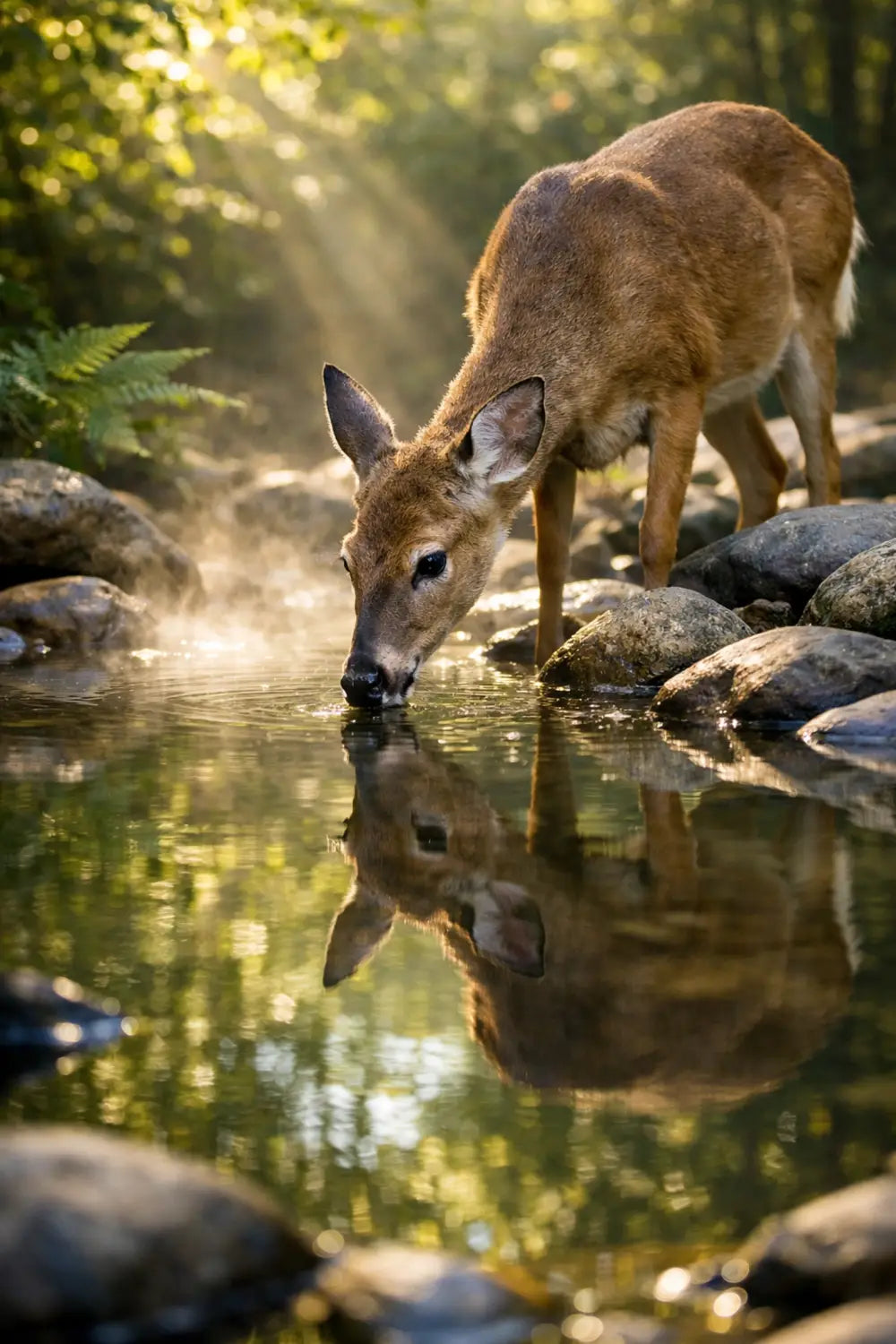 Whitetail deer drinking from mountain stream illustrating Psalm 42 faith and nature connection