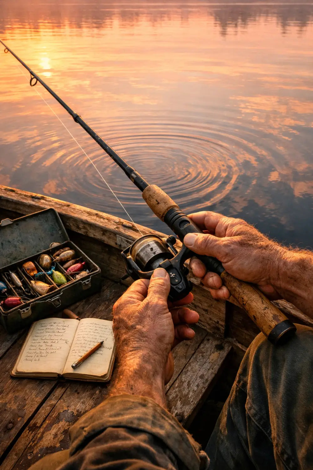 Fisherman's hands holding rod over lake at dawn reflecting on scripture and fishing spiritually