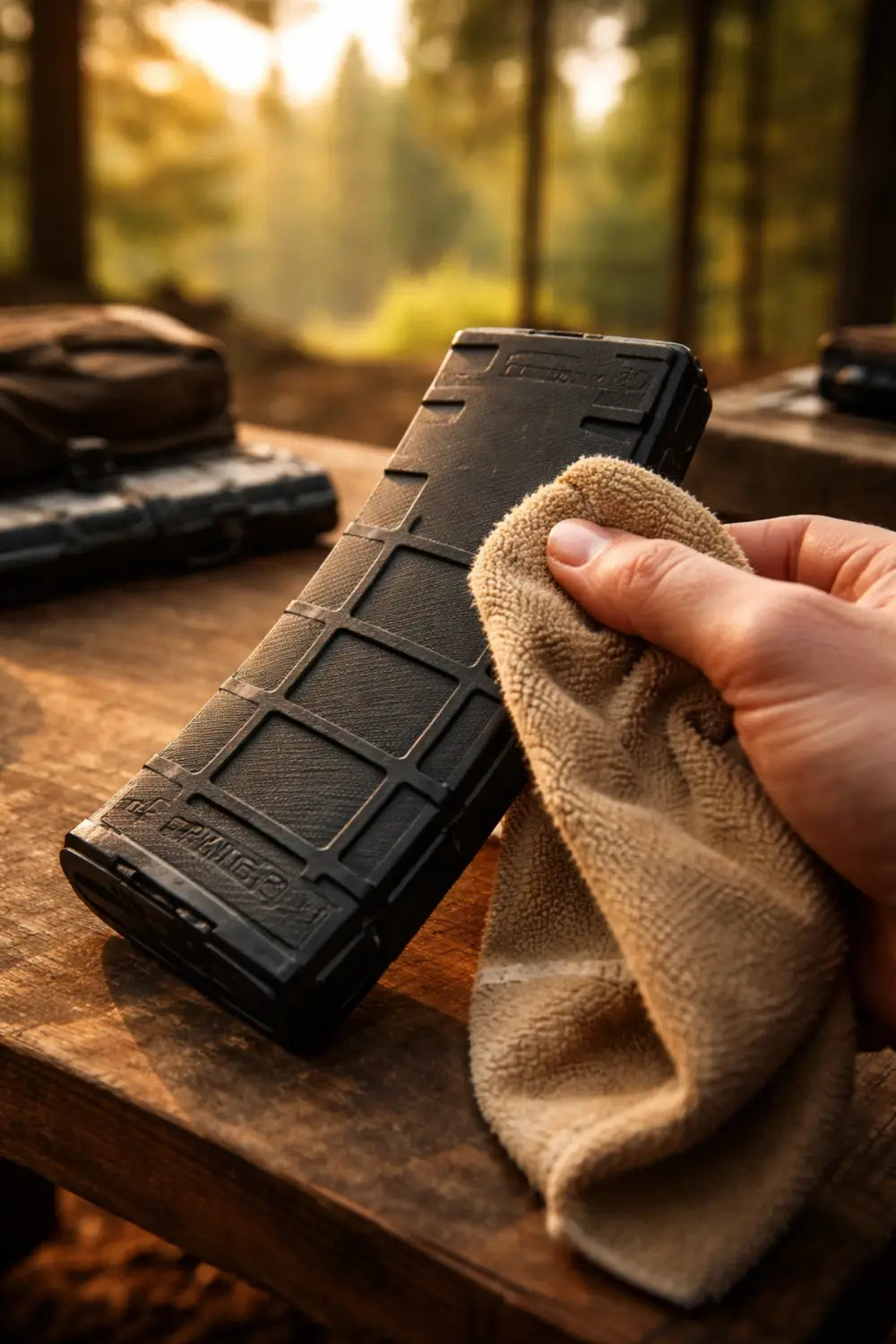 Close-up of PMAG magazine being cleaned with microfiber cloth at an outdoor hunting camp station.