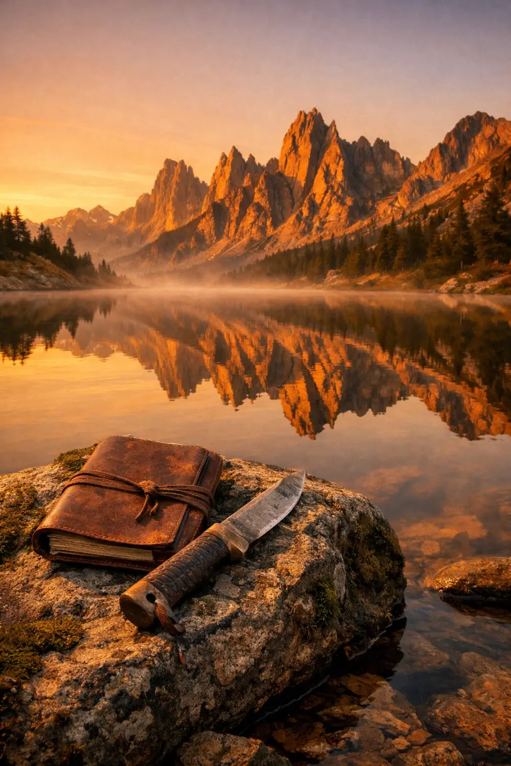 Outdoor knife and journal on a rock by a mountain lake at dawn, representing faith-fueled adventure.