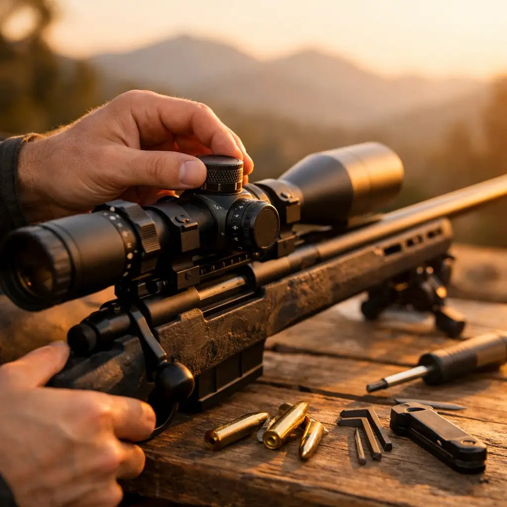 Shooter adjusting rifle scope and gun parts at outdoor range demonstrating shooting discipline