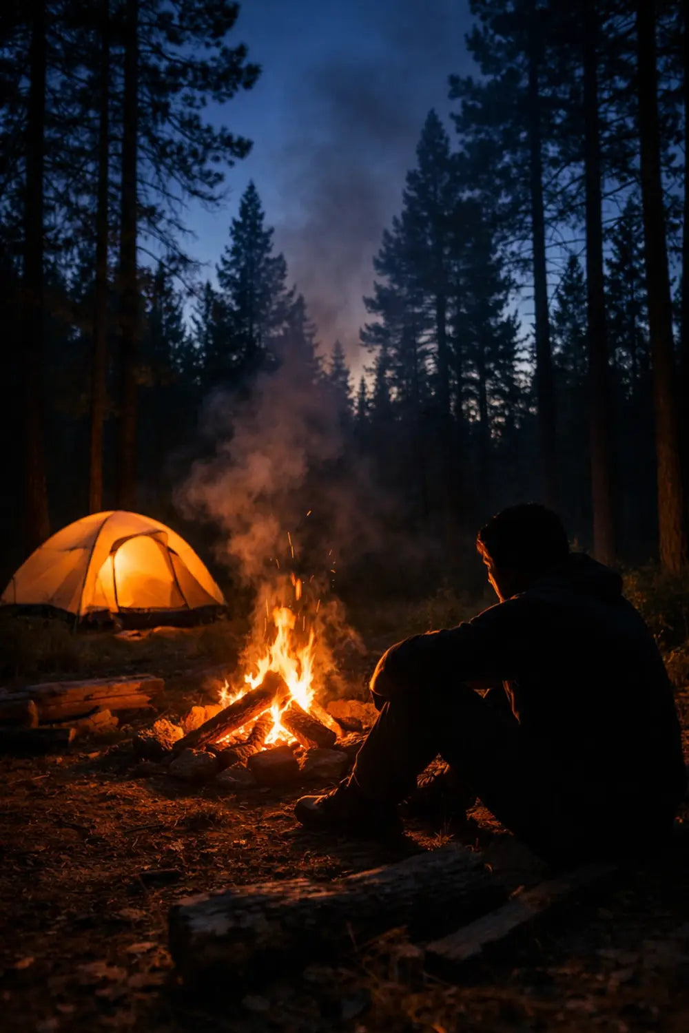 Campfire at dusk in forest clearing, solitary reflection during wilderness camping experience