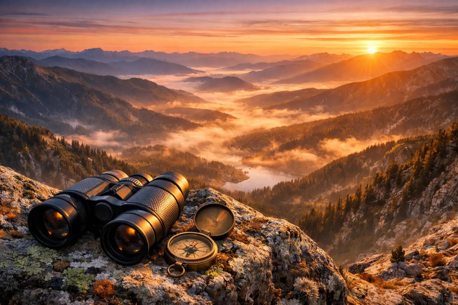 Hunting binoculars and a brass compass on a mountain ridge overlooking a misty valley at sunrise.