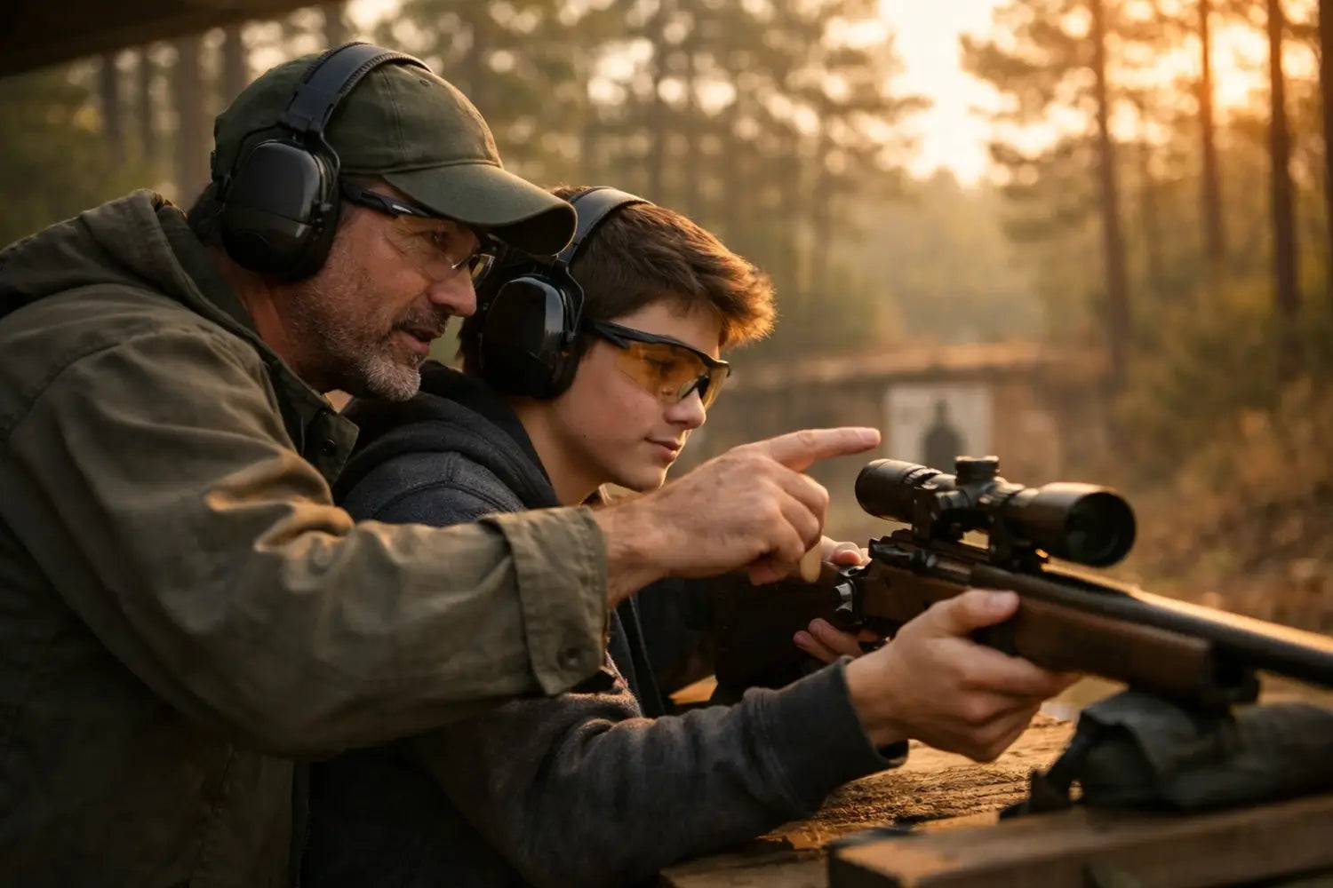 Father teaching son proper rifle handling with hearing protection at outdoor shooting range