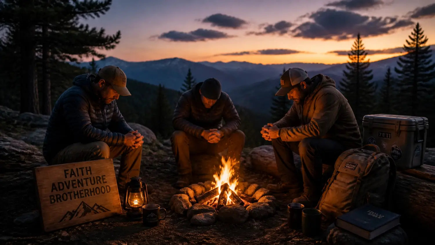 A group of marksmen sitting around a campfire at twilight in a moment of quiet reflection.