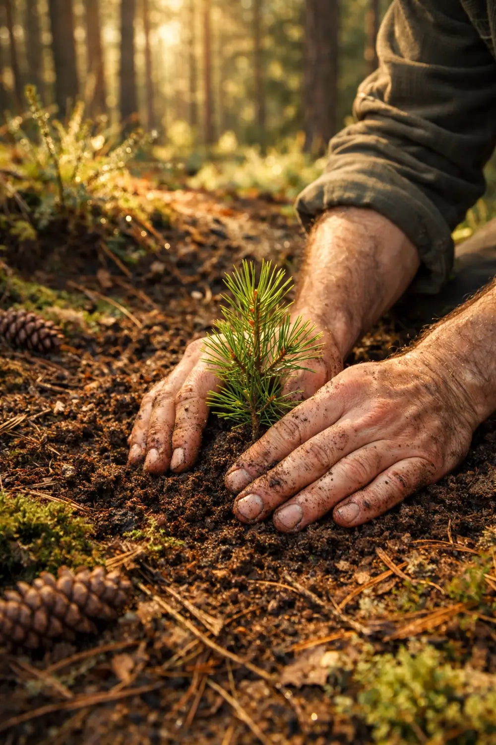 Christian outdoorsman planting a tree sapling as a gesture of forest stewardship.
