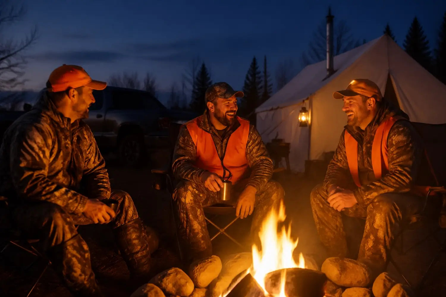 Group of hunters in camo talking around a glowing campfire during a faith-based hunt.