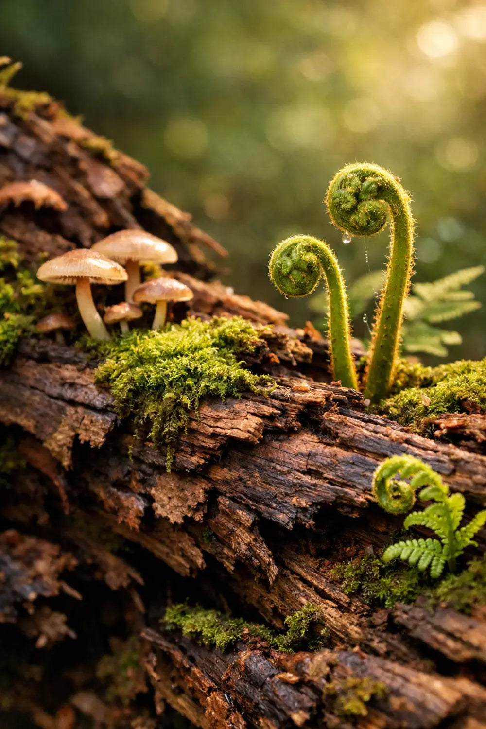Moss-covered fallen log with new ferns growing, showing nature's resilience and renewal in faith
