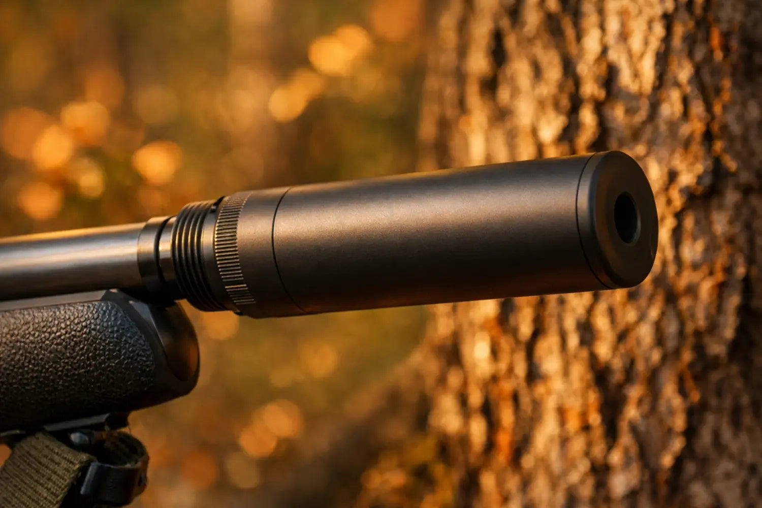 Rifle suppressor mounted on hunting rifle barrel in forest setting