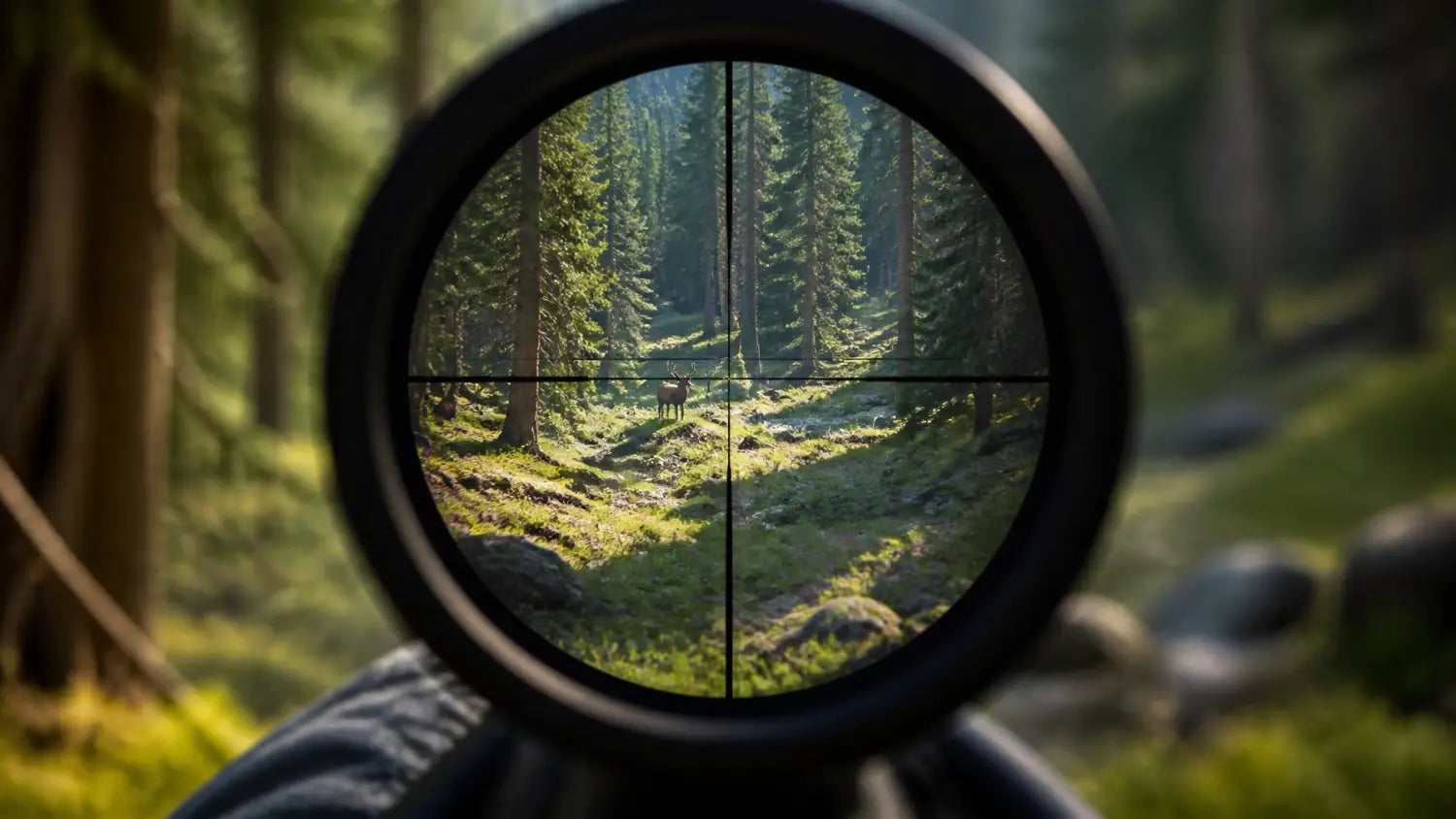A marksman's perspective through a rifle scope into a sun-dappled forest clearing.